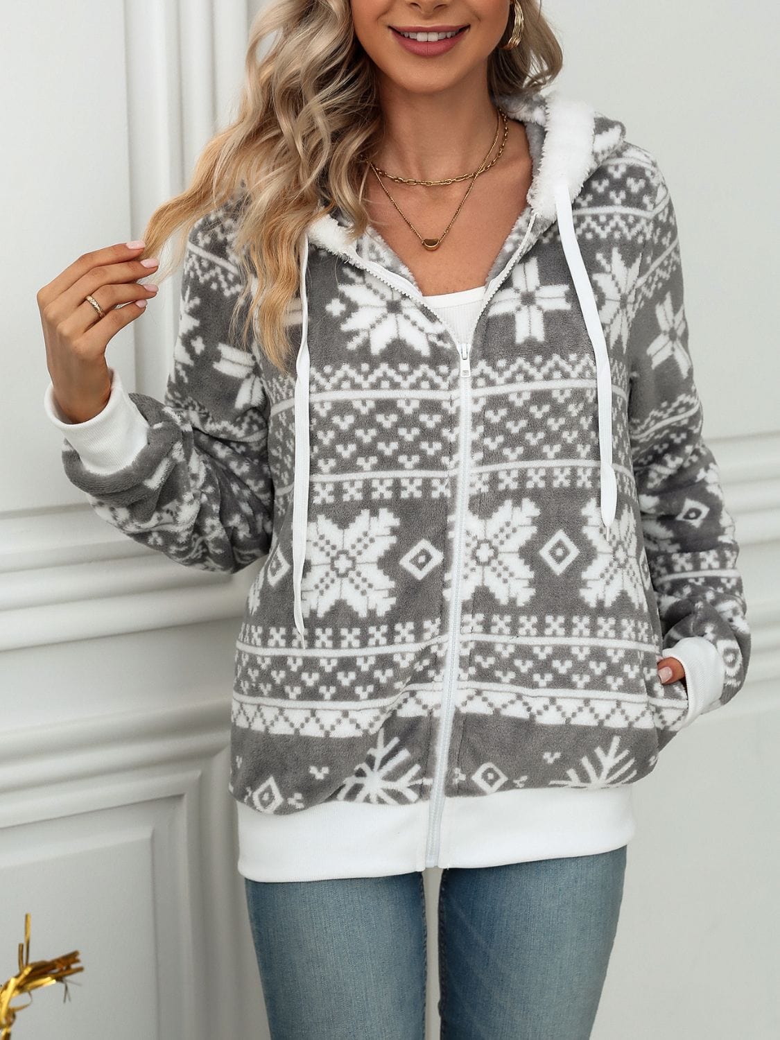 Drawstring Snowflake Zip Up Hooded Outerwear - Trendsi