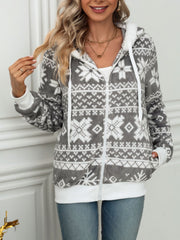 Drawstring Snowflake Zip Up Hooded Outerwear - Trendsi