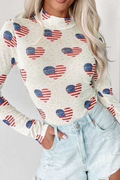 US Flag Heart Mock Neck Long Sleeve Bodysuit - Trendsi - Flyclothing LLC