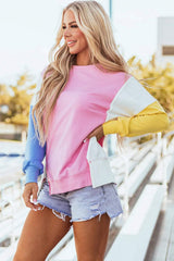 Slit Contrast Round Neck Long Sleeve Sweatshirt - Trendsi - Flyclothing LLC