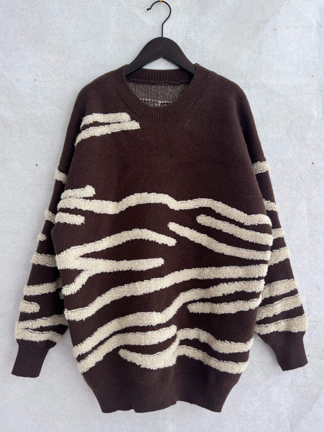 Contrast Round Neck Long Sleeve Sweater - Trendsi - Flyclothing LLC