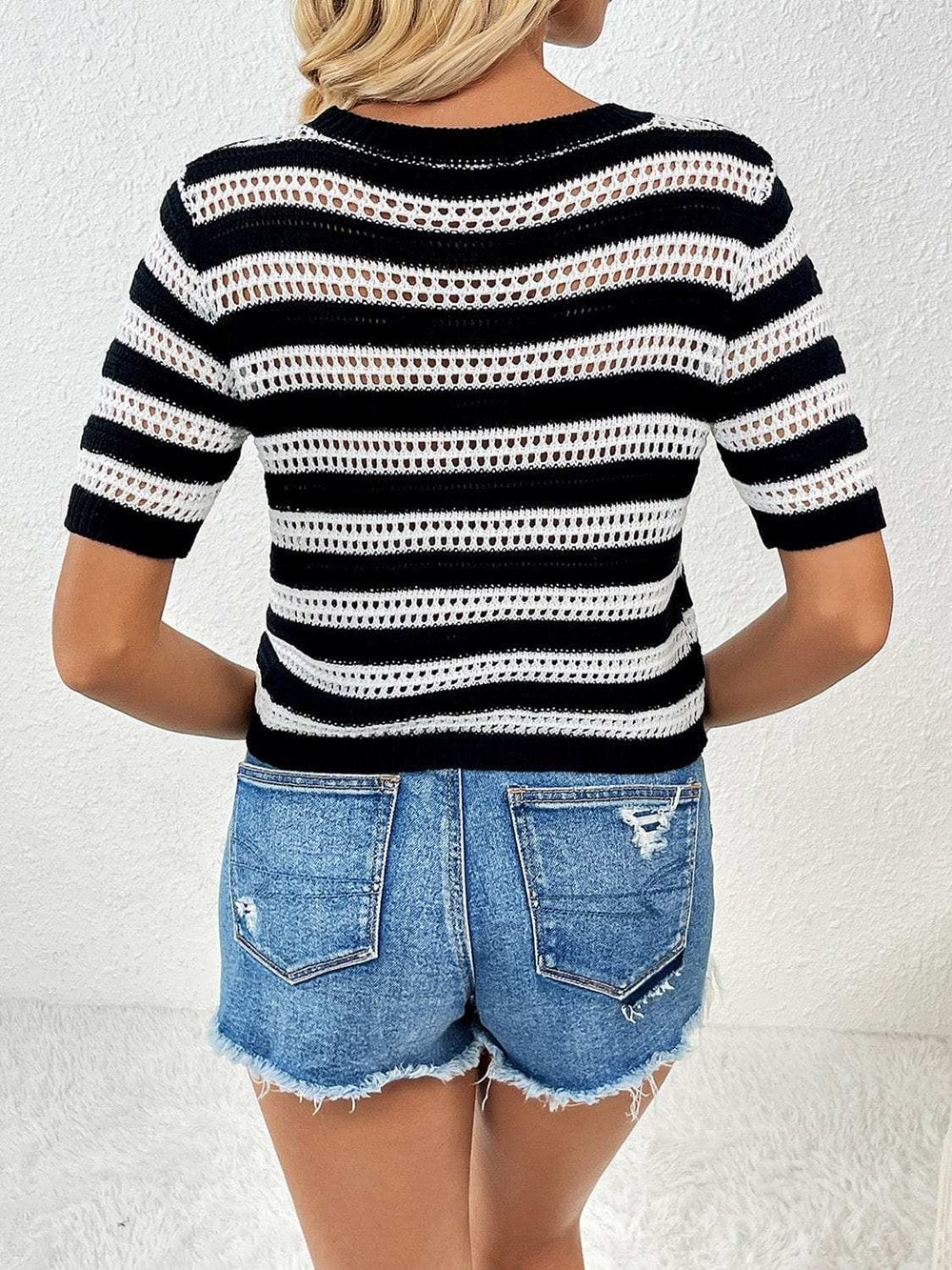 Openwork Striped Round Neck Short Sleeve Knit Top - Trendsi - Flyclothing LLC