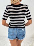 Openwork Striped Round Neck Short Sleeve Knit Top - Trendsi - Flyclothing LLC