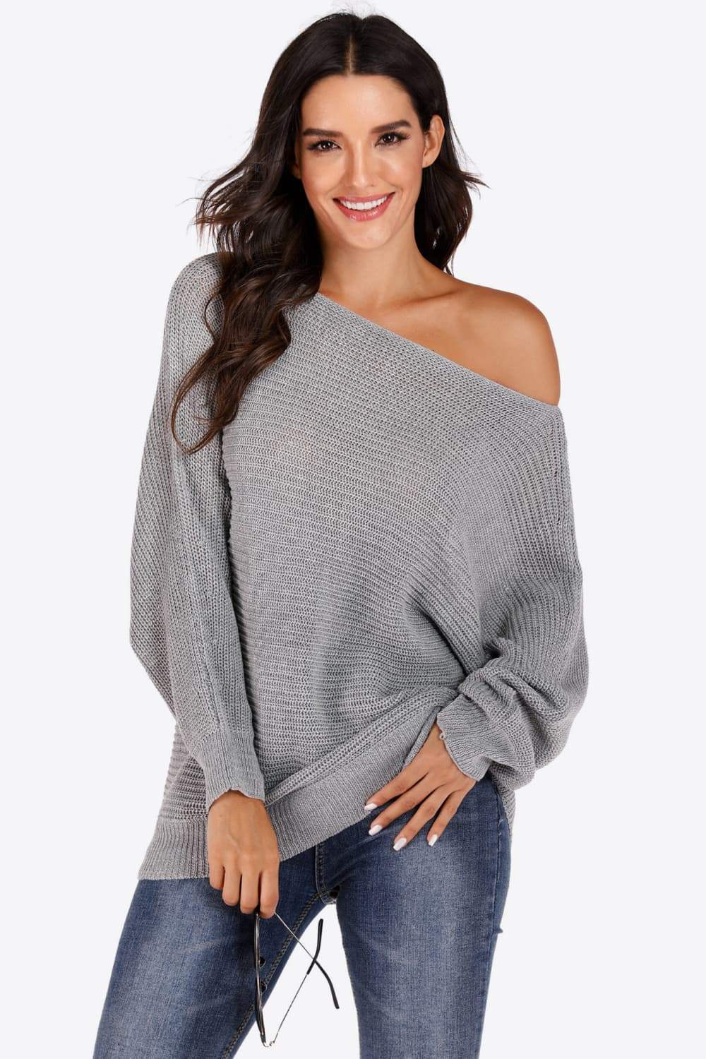 One Shoulder Dolman Sleeve Sweater - Trendsi - Flyclothing LLC