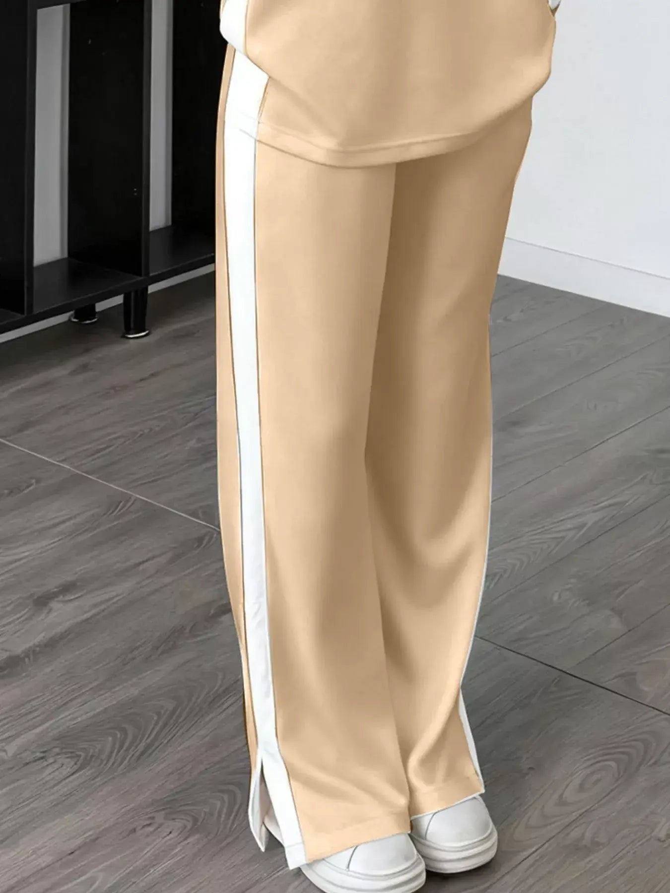Full Size Contrast Round Neck Top and Pants Set Plus Size - Trendsi - Flyclothing LLC