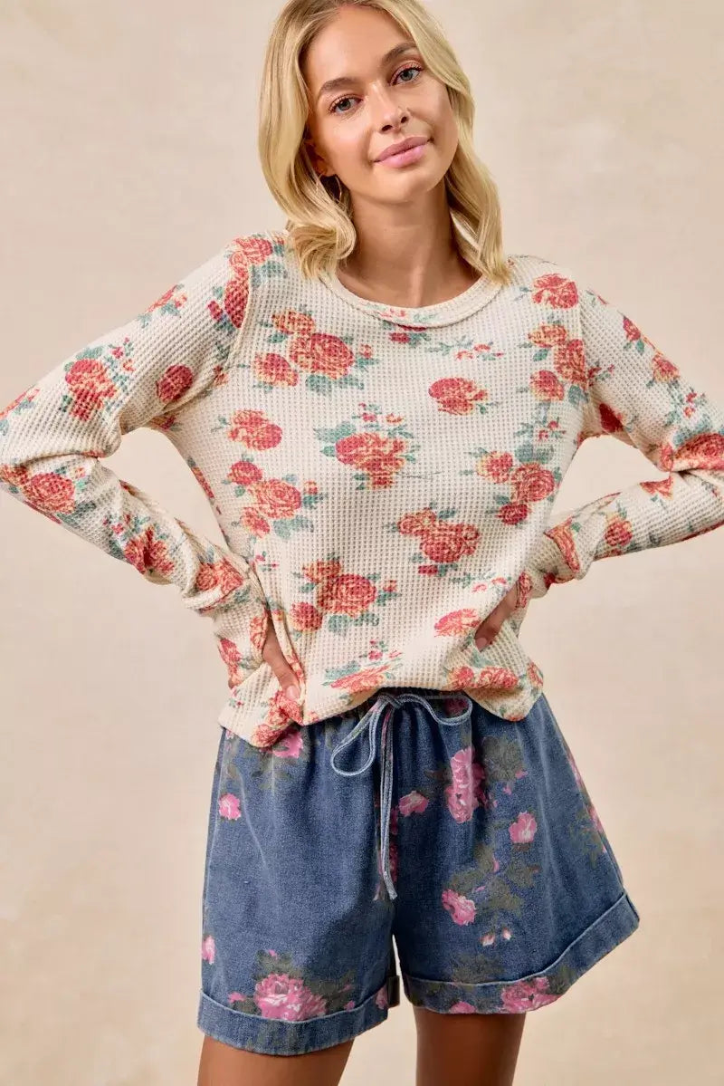 BiBi Floral Print Washed Waffle Thermal Top With Thumb - Trendsi - Flyclothing LLC