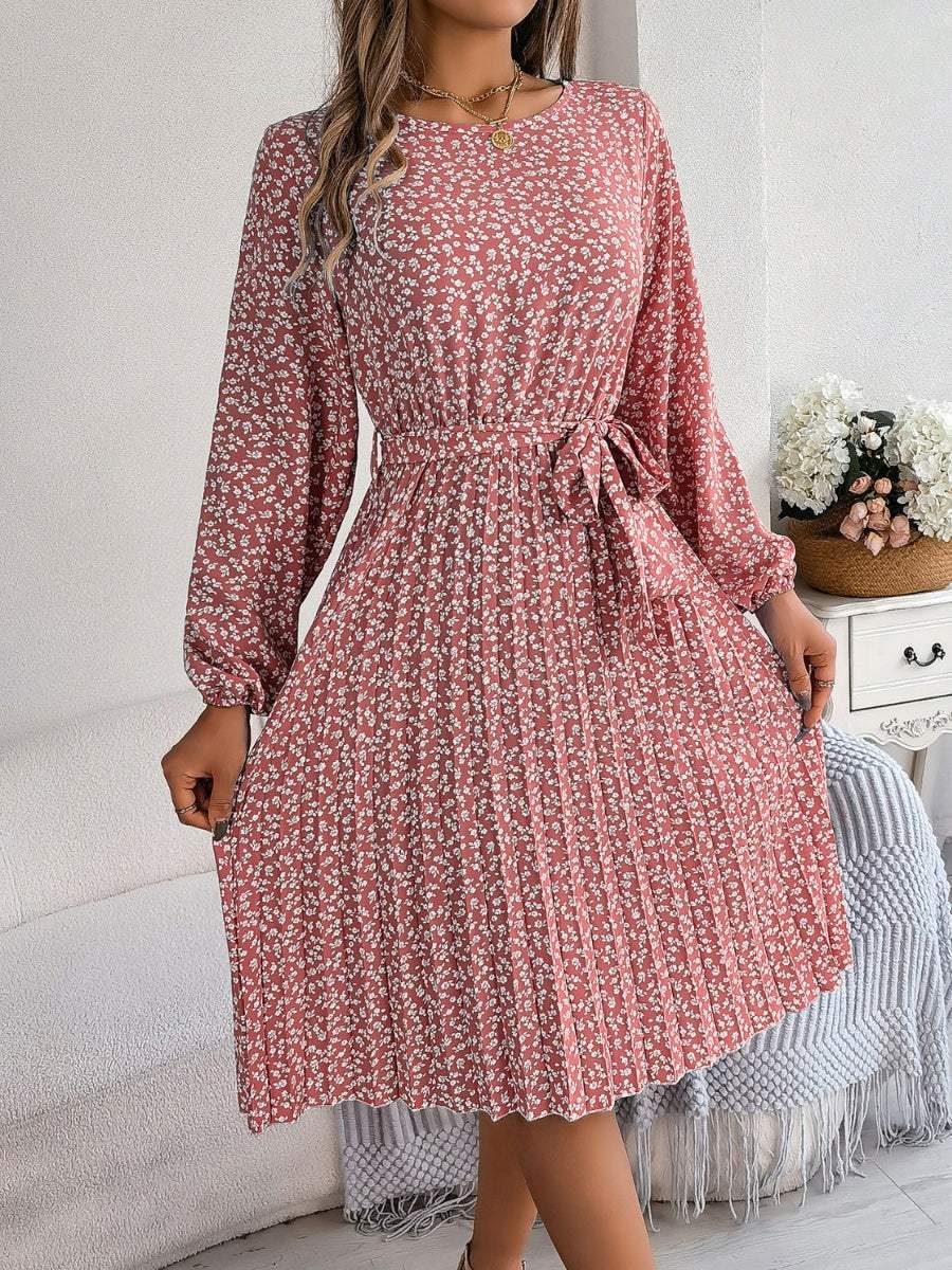 Ditsy Floral Tie Waist Pleated Dress - Trendsi - Flyclothing LLC