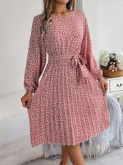 Ditsy Floral Tie Waist Pleated Dress - Trendsi