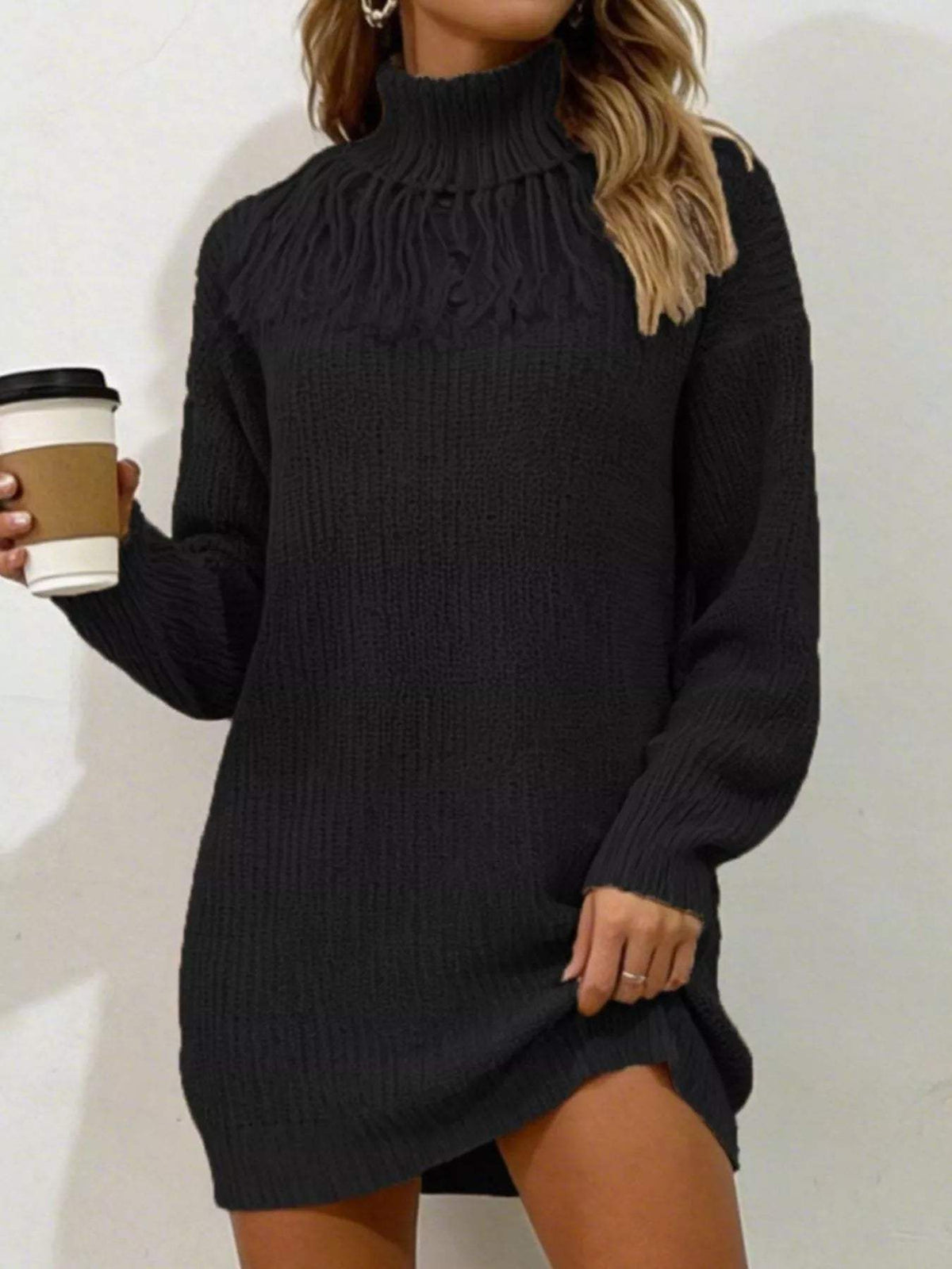 Full Size Turtleneck Fringe Detail Sweater Dress Plus Size - Trendsi - Flyclothing LLC