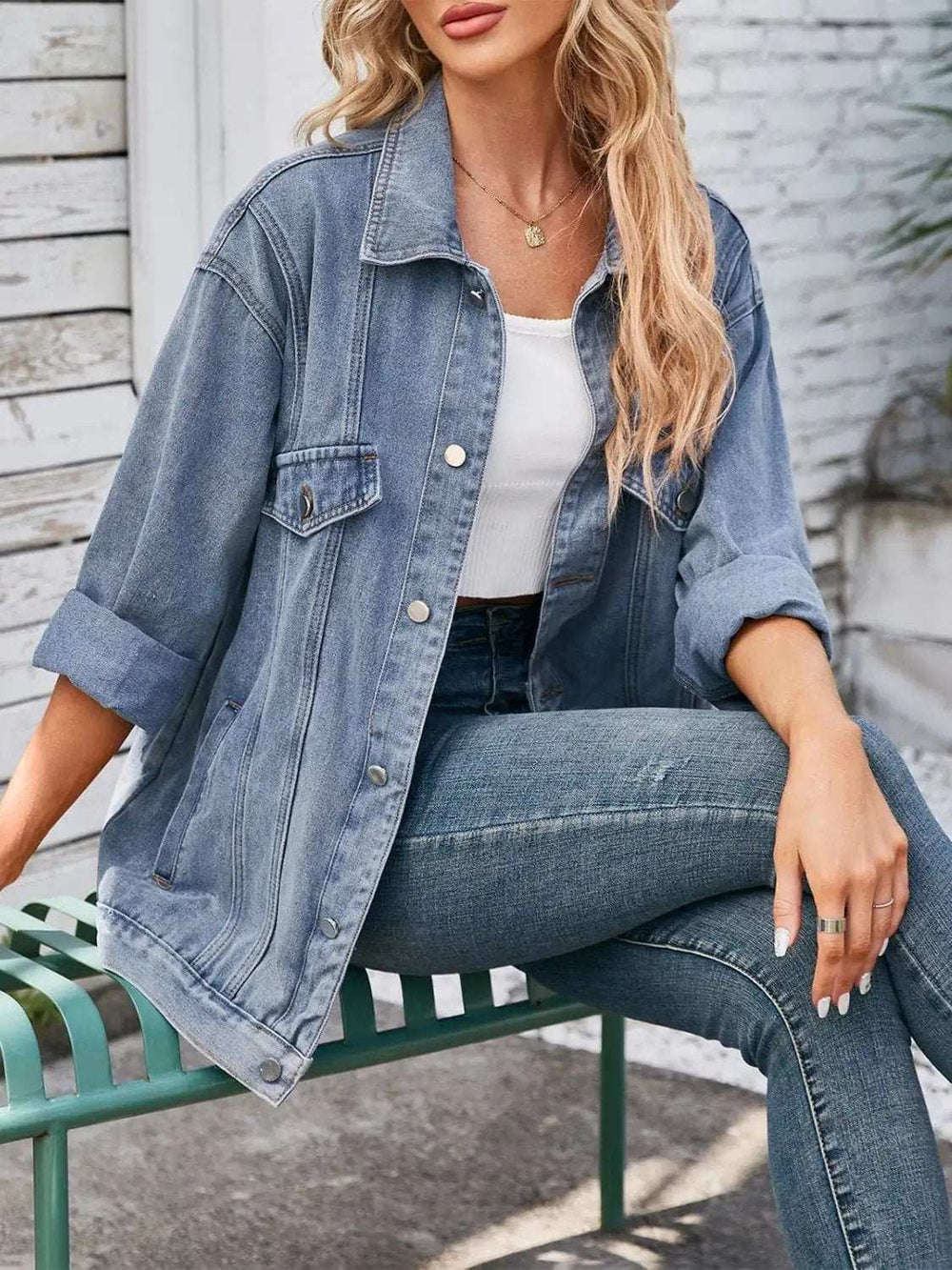 Button Up Long Sleeve Denim Jacket - Trendsi - Flyclothing LLC
