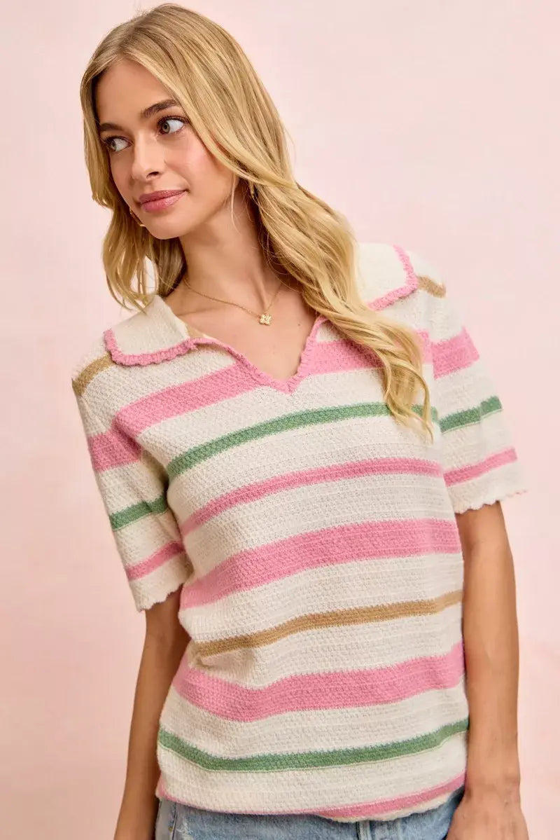 BiBi Multi Colors Stripes Collared Knit Top - Trendsi - Flyclothing LLC