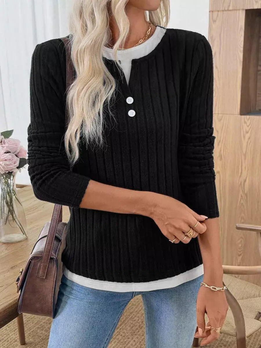Ribbed Knit Long Sleeve Fake Two-Piece T-Shirt - Trendsi - Flyclothing LLC