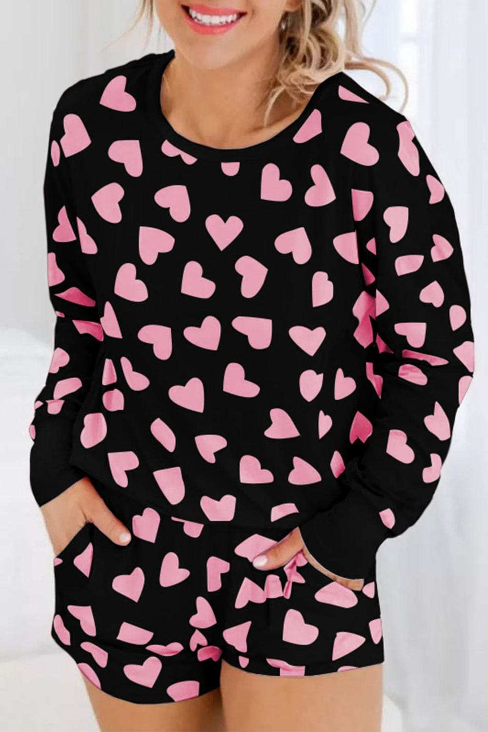Heart Print Long Sleeve Top and Shorts Lounge Set - Trendsi - Flyclothing LLC