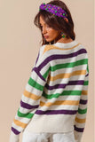 SO ME Mardi Gras Color Stripe Round Neck Sweater Top - Trendsi - Flyclothing LLC