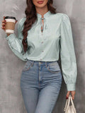Striped Tie Neck Long Sleeve Blouse - Trendsi - Flyclothing LLC
