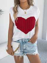 Cable Knit Heart Round Neck Cap Sleeve Knit Top - Trendsi - Flyclothing LLC