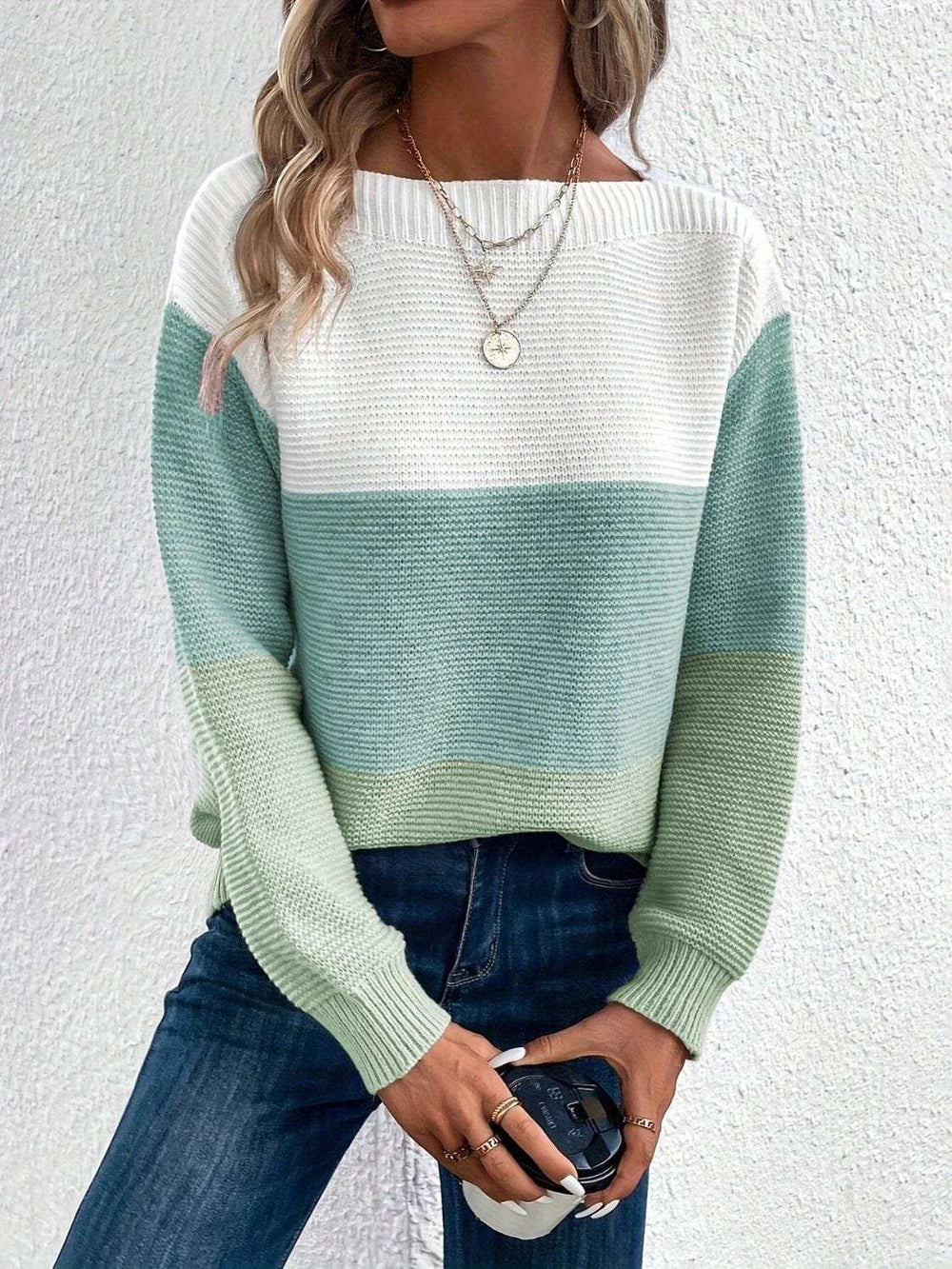 Color Block Boat Neck Sweater - Trendsi - Flyclothing LLC