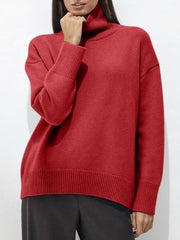 Ribbed Detail Turtleneck Dropped Shoulder Sweater - Trendsi