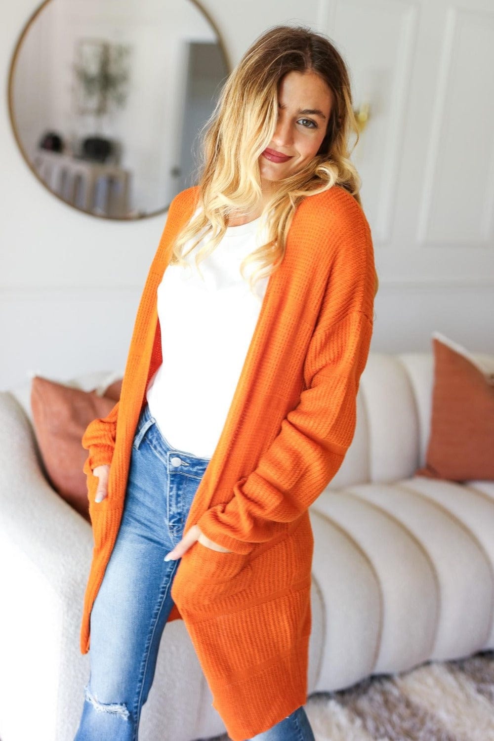 Haptics Full Size Stripe Textured Open Front Cardigan with Pockets - Trendsi