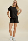 Double Take Full Size Texture Short Sleeve Top and Shorts Set - Trendsi - Flyclothing LLC