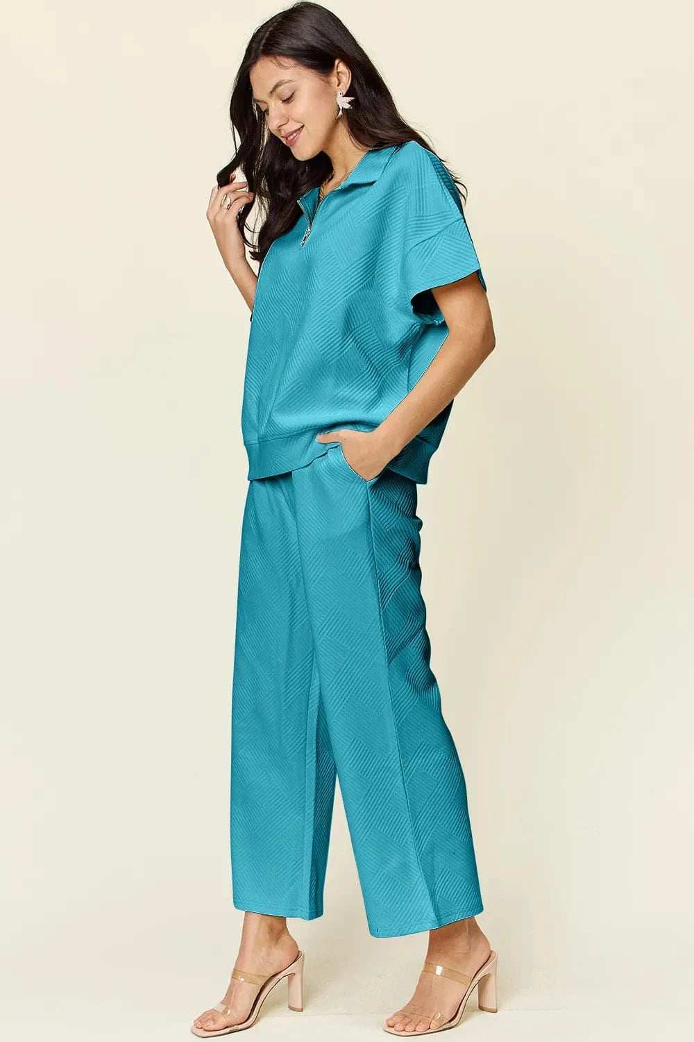 Double Take Full Size Texture Half Zip Short Sleeve Top and Pants Set - Trendsi - Flyclothing LLC