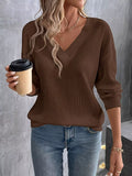 V-Neck Waffle Knit T-Shirt - Trendsi - Flyclothing LLC