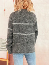 Ribbed Hem Flower Long Sleeve Sweater - Trendsi - Flyclothing LLC