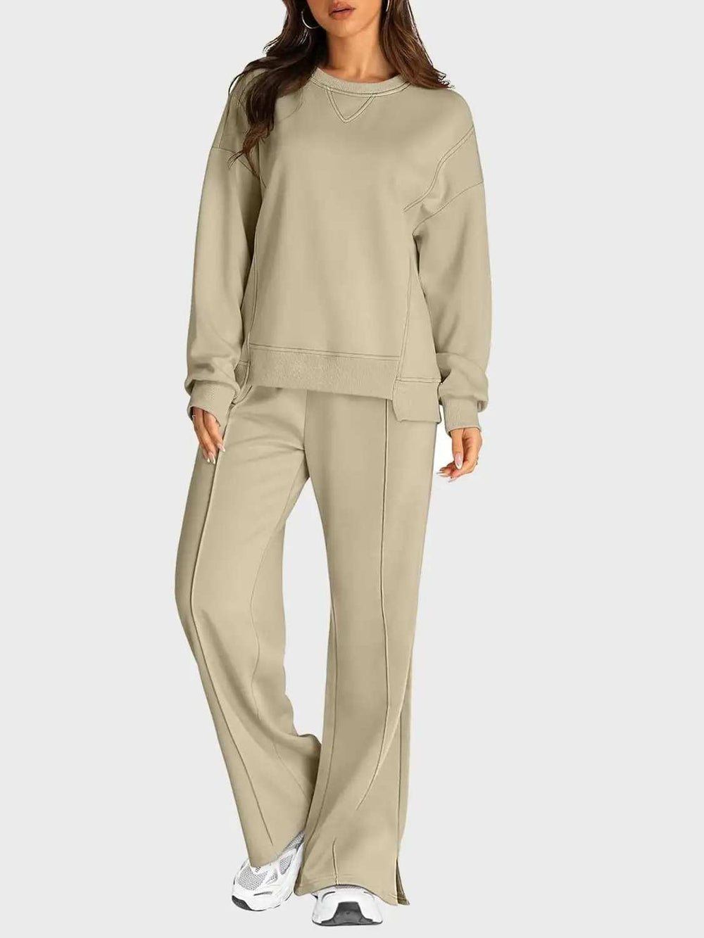 Round Neck Long Sleeve Top and Slit Pants Set - Trendsi - Flyclothing LLC