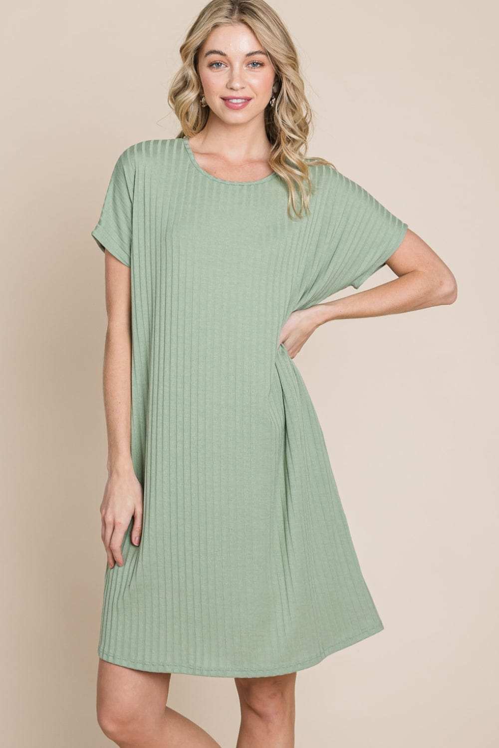 BOMBOM Ribbed Round Neck Short Sleeve Dress - Trendsi - Flyclothing LLC