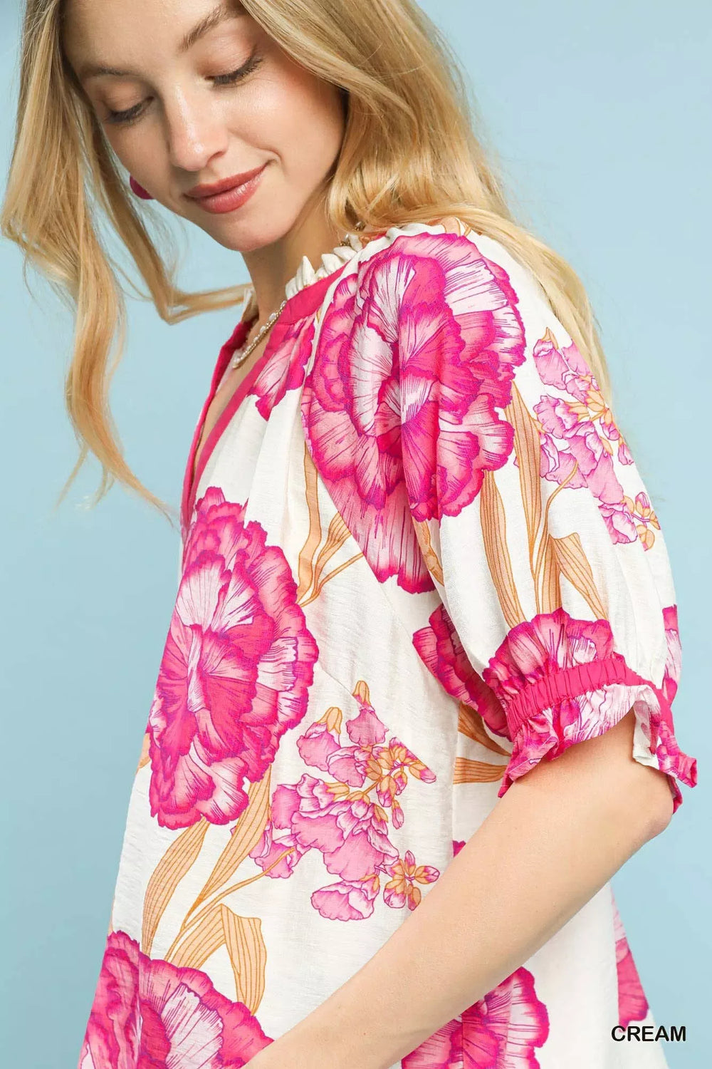 Umgee Floral V-Neck Puff Sleeve Blouse - Trendsi - Flyclothing LLC