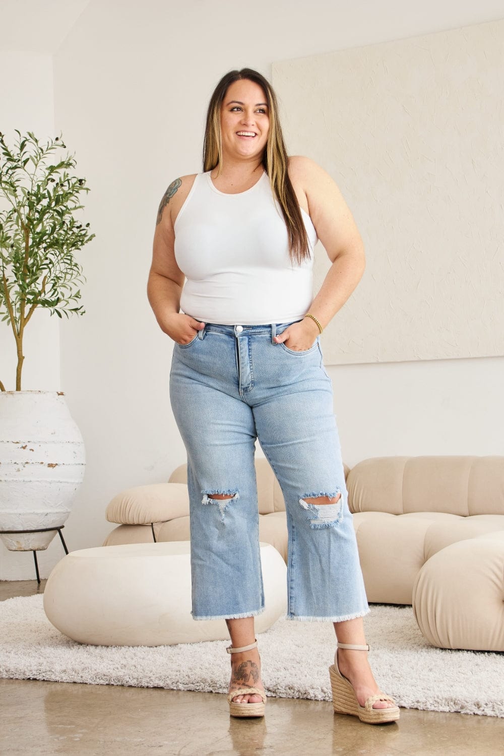 RFM Full Size Tummy Control High Waist Raw Hem Distressed Jeans - Trendsi