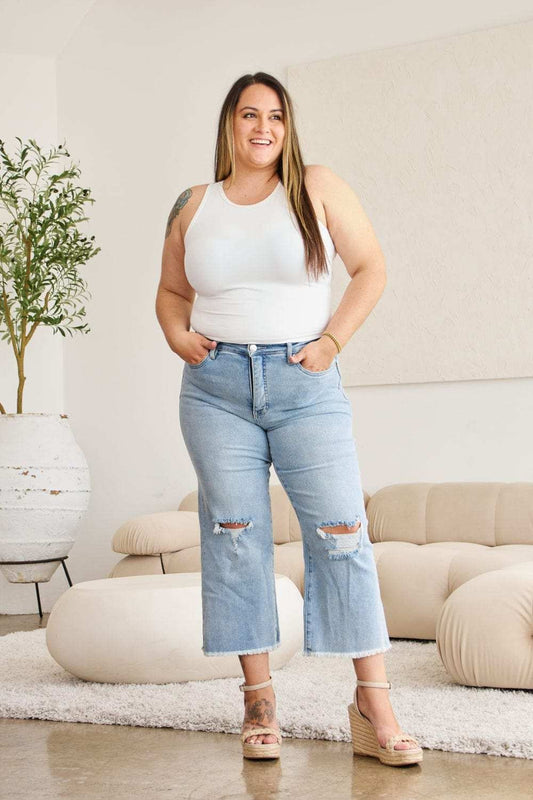 RFM Full Size Tummy Control High Waist Raw Hem Distressed Jeans - Trendsi - Flyclothing LLC