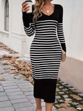 Striped V-Neck Long Sleeve Sweater Dress - Trendsi - Flyclothing LLC