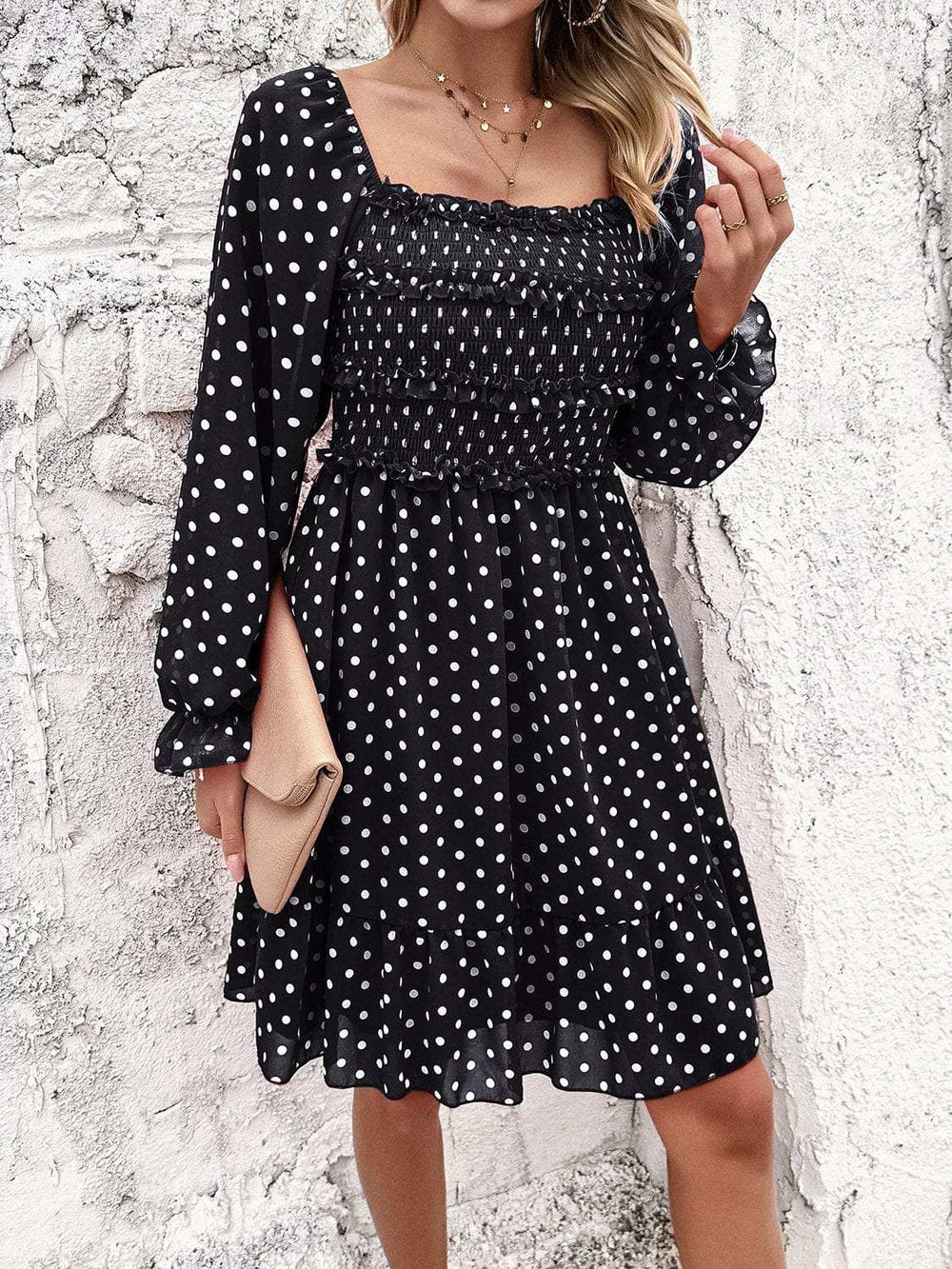 Smocked Polka Dot Long Sleeve Dress - Trendsi - Flyclothing LLC