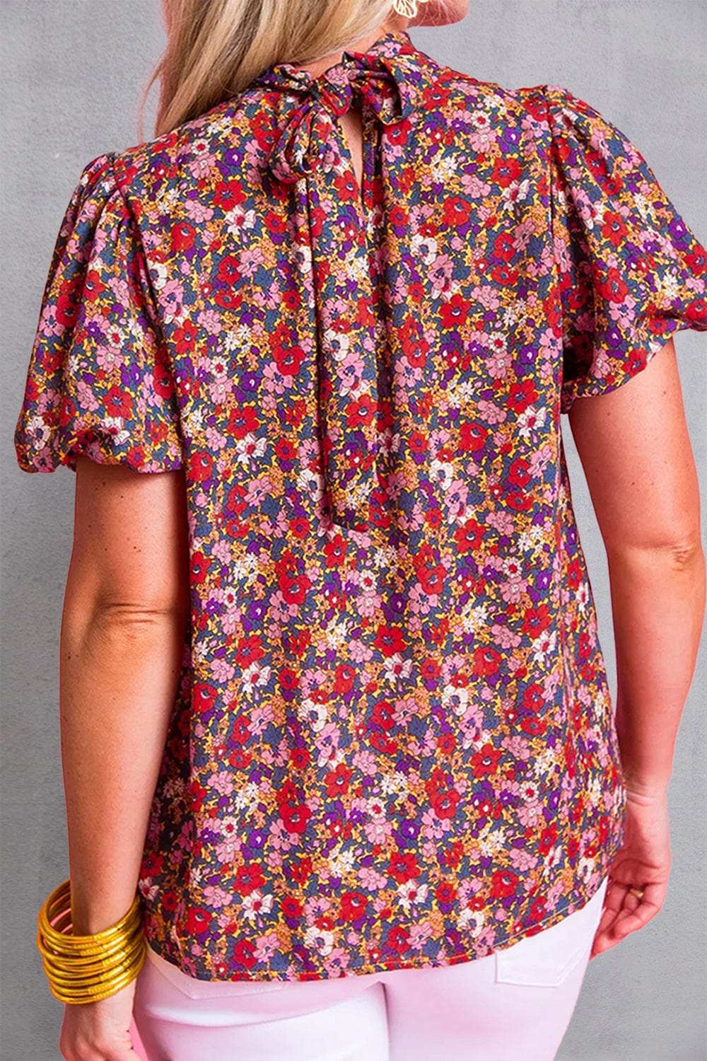 Printed Mock Neck Short Sleeve Blouse - Trendsi - Flyclothing LLC