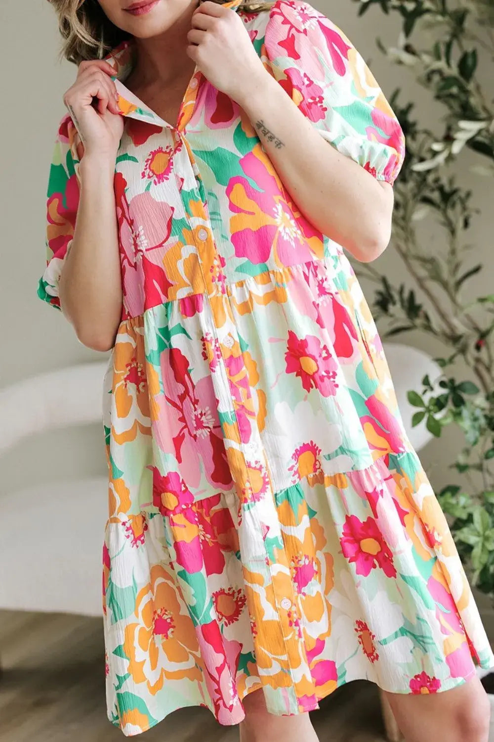 Button Down Floral Puff Sleeve Babydoll Dress - Trendsi - Flyclothing LLC