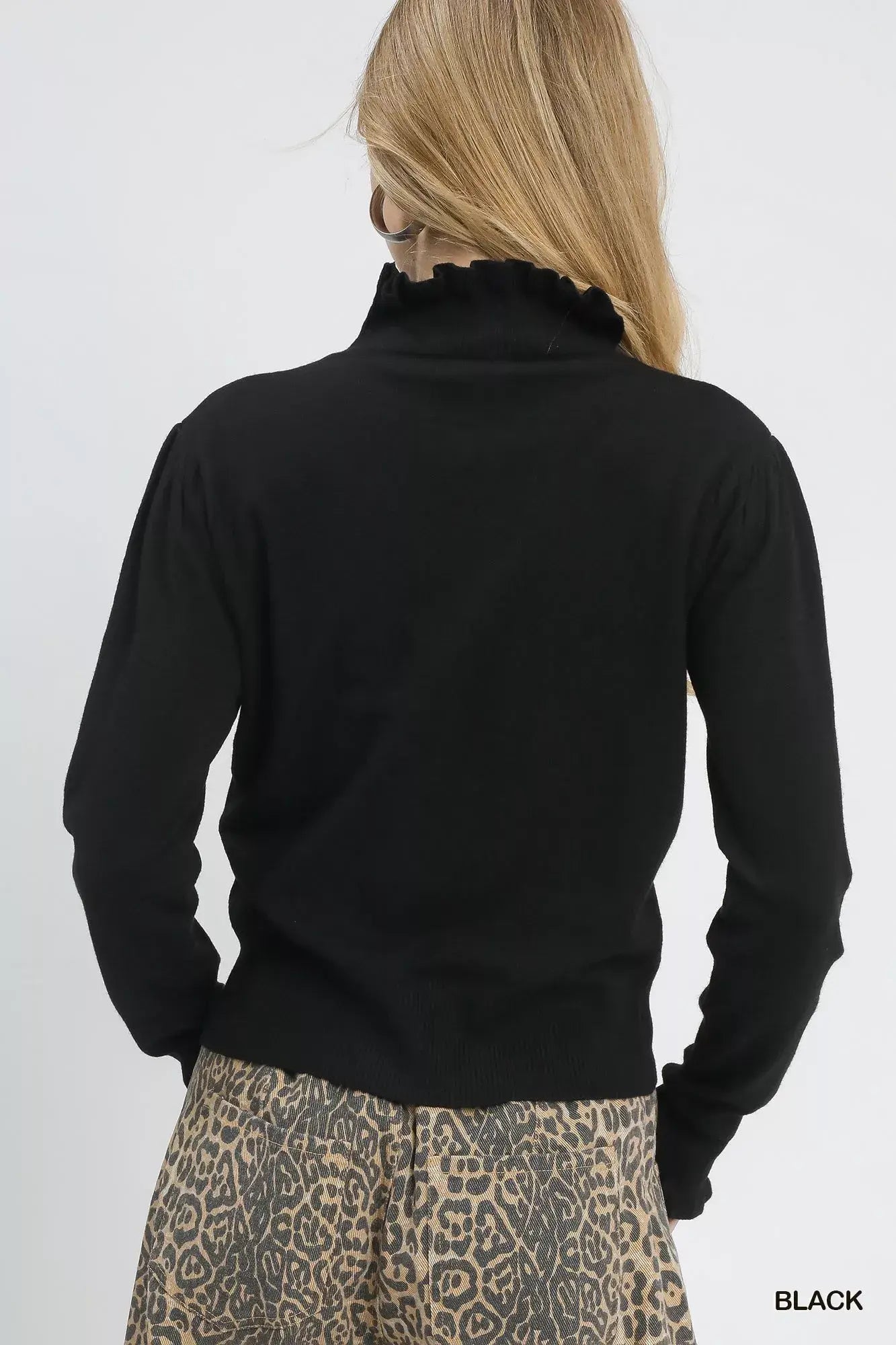 Umgee Ruffle Mock Neck Puff Sleeve Sweater - Trendsi - Flyclothing LLC