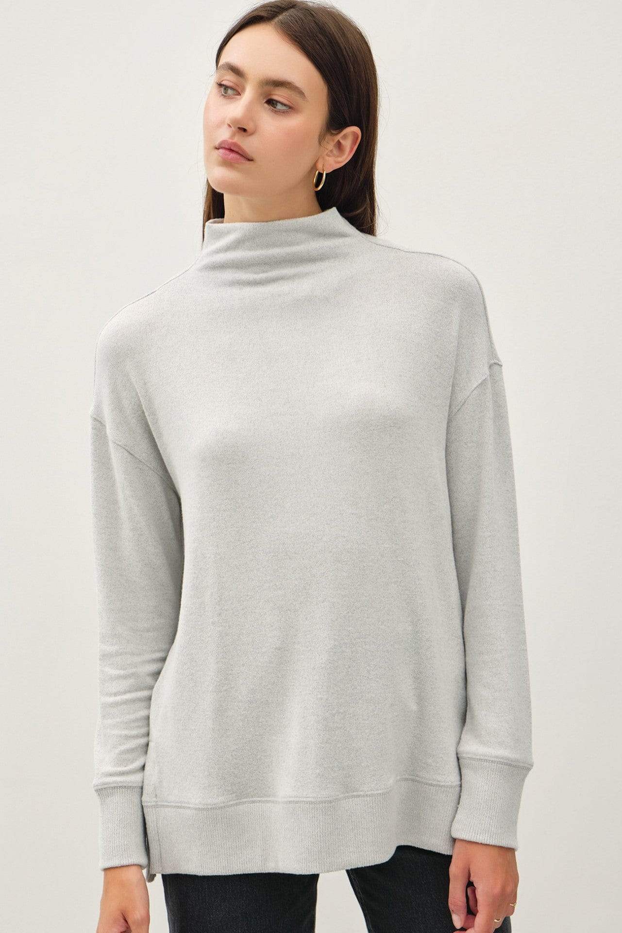Be Cool Side Slit Mock Neck Long Sleeve Tunic Top - Trendsi - Flyclothing LLC