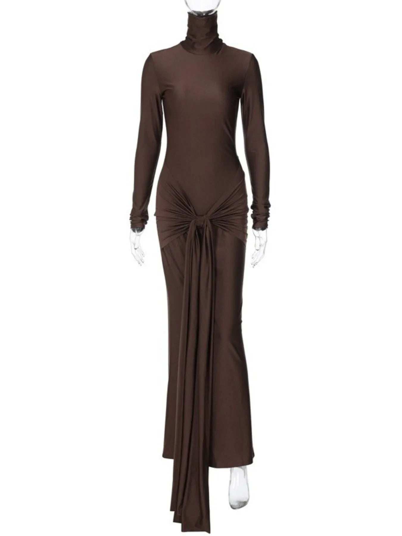 Ruched Turtleneck Long Sleeve Tie Front Maxi Dress - Trendsi - Flyclothing LLC