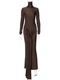 Ruched Turtleneck Long Sleeve Tie Front Maxi Dress - Trendsi - Flyclothing LLC