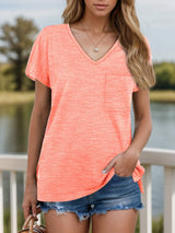 Pocketed Heathered V-Neck Short Sleeve T-Shirt - Trendsi - Flyclothing LLC