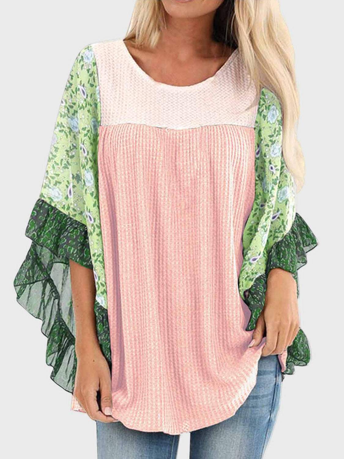 Full Size Printed Round Neck Three-Quarter Sleeve Blouse - Trendsi - Flyclothing LLC