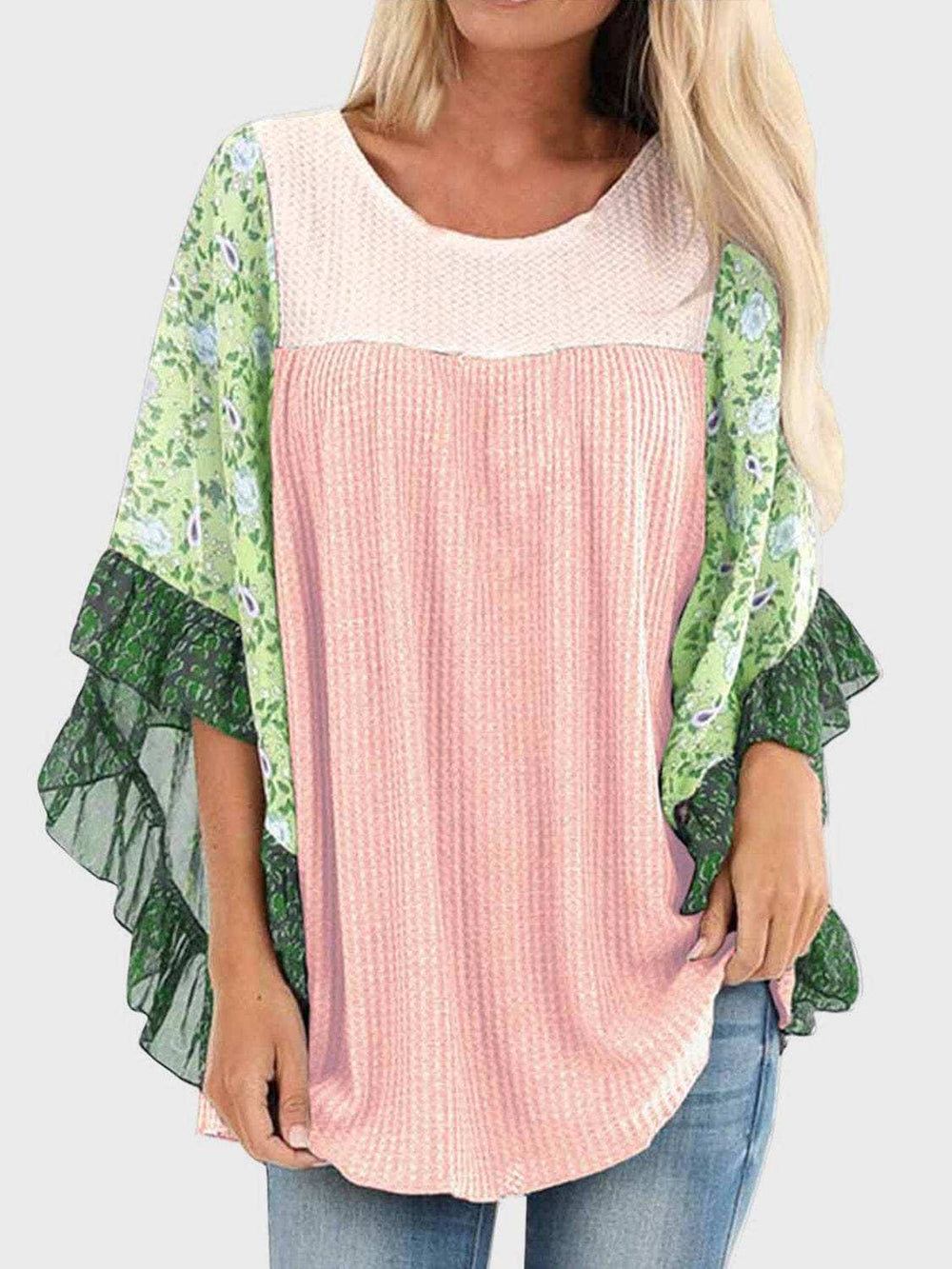 Full Size Printed Round Neck Three-Quarter Sleeve Blouse - Trendsi - Flyclothing LLC