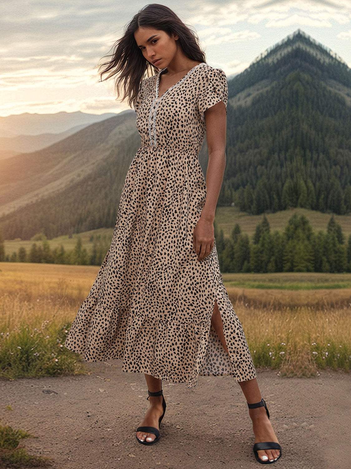 Slit Printed V-Neck Short Sleeve Dress - Trendsi - Flyclothing LLC