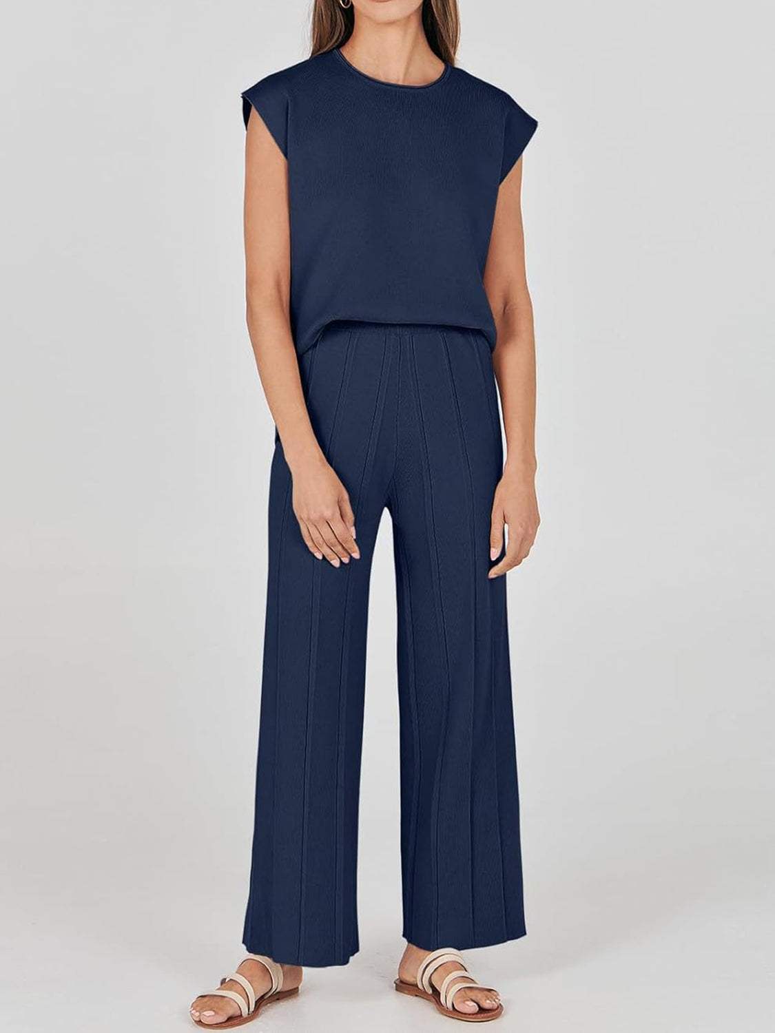 Round Neck Cap Sleeve Top and Pants Knit Set - Trendsi - Flyclothing LLC
