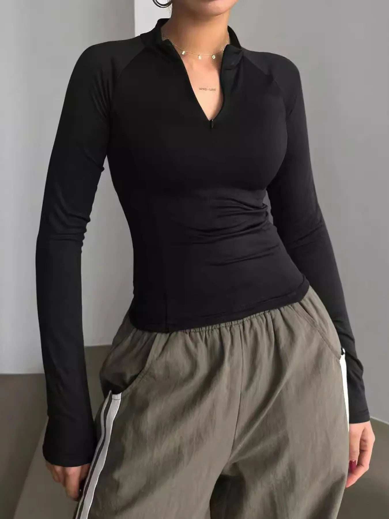 Long Sleeve Zip Front Fitted T-Shirt - Trendsi - Flyclothing LLC