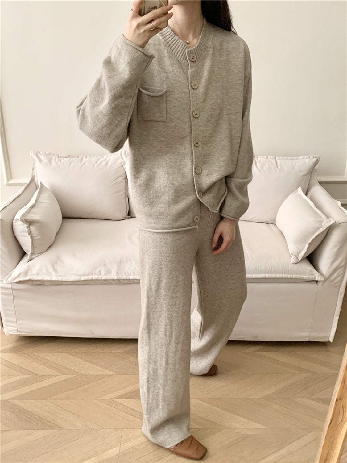 Pocketed Round Neck Button Up Cardigan and Pants Sweater Set - Trendsi - Flyclothing LLC