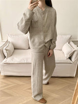 Pocketed Round Neck Button Up Cardigan and Pants Sweater Set - Trendsi - Flyclothing LLC