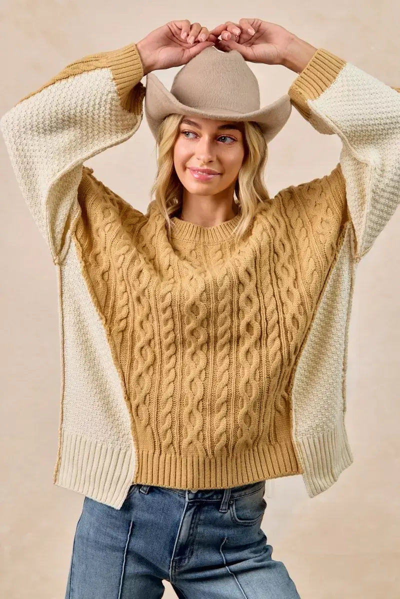 BiBi Cable Knit With Hacci Combo Sweater With Uneven Hem Detail - Trendsi - Flyclothing LLC