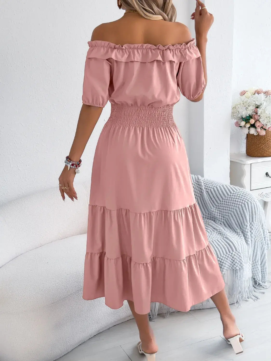 Smocked Off-Shoulder Tiered Dress - Trendsi - Flyclothing LLC